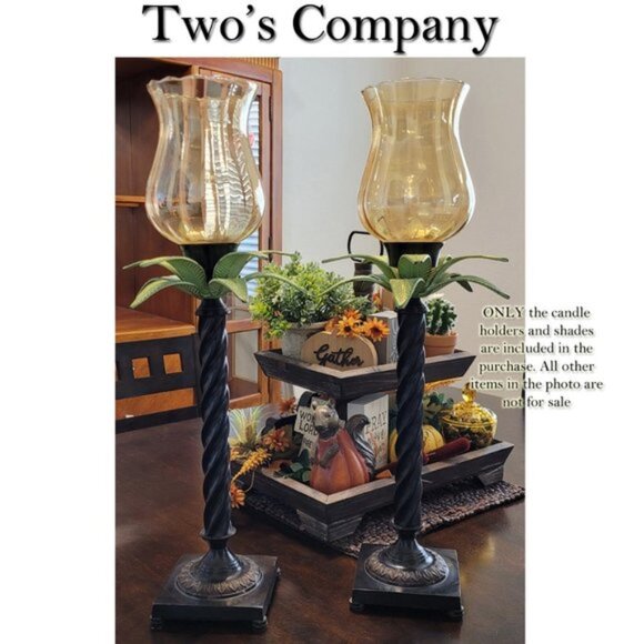 Tropical Palm Leaf Heavy Metal Candleholders With Glass Shades Set of 2